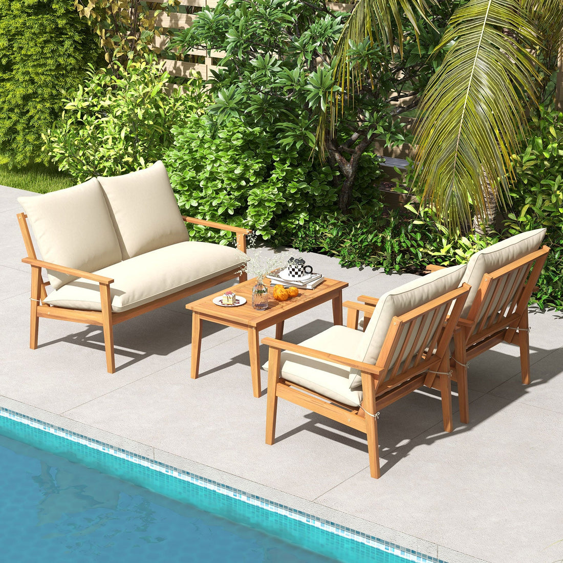 4 Piece Outdoor Acacia Wood Conversation Set with Soft Cushions and Coffee Table