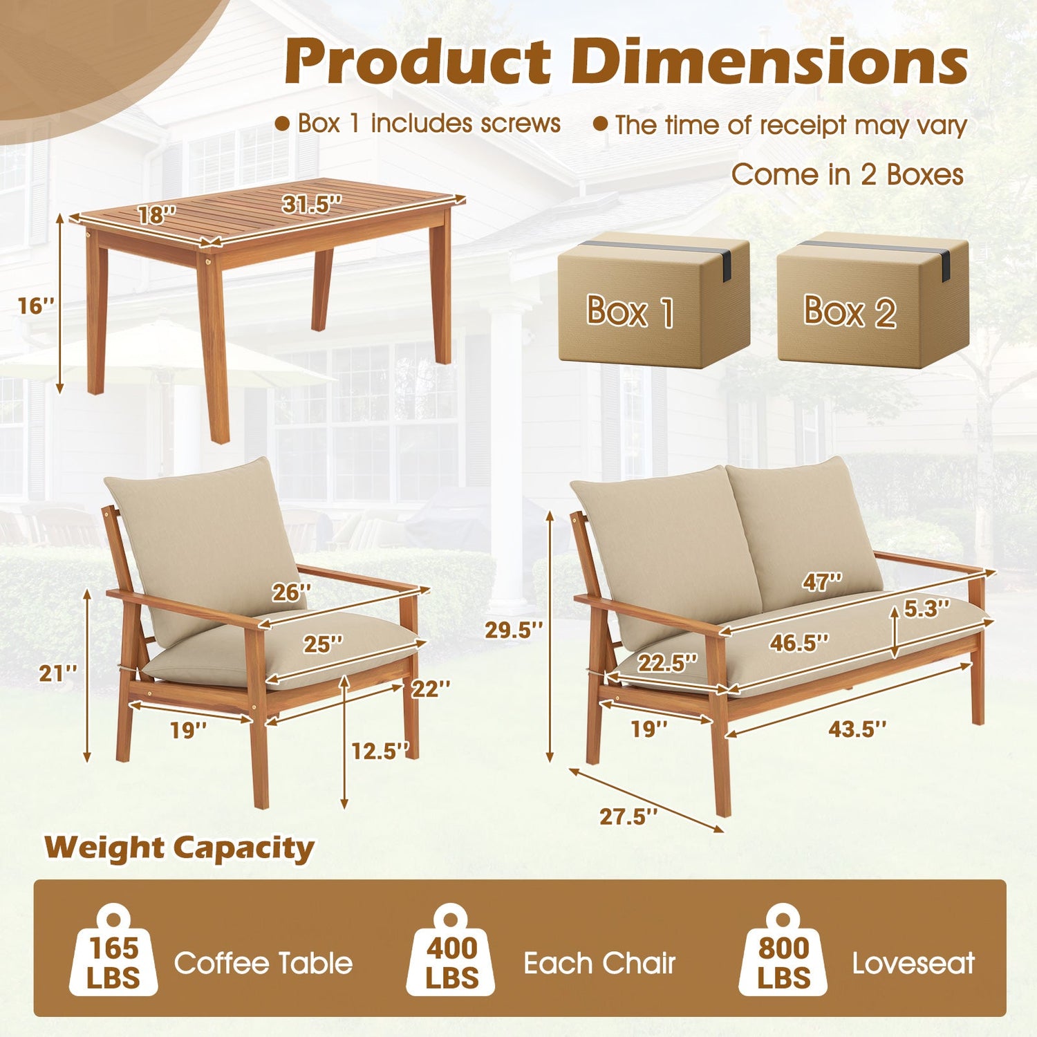 4 Piece Outdoor Acacia Wood Conversation Set with Soft Cushions and Coffee Table