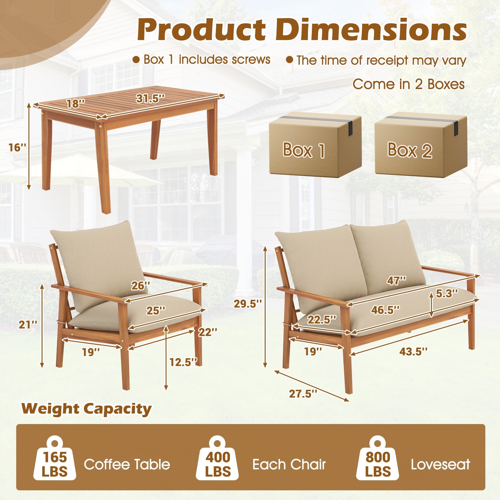4 Piece Outdoor Acacia Wood Conversation Set with Soft Cushions and Coffee Table