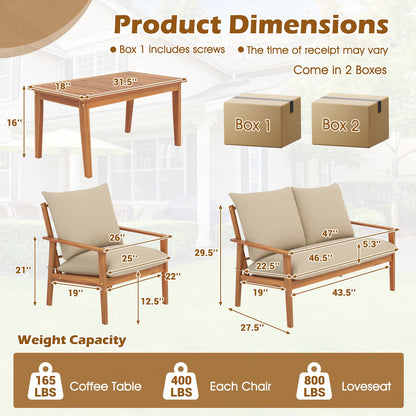 4 Piece Outdoor Acacia Wood Conversation Set with Soft Cushions and Coffee Table