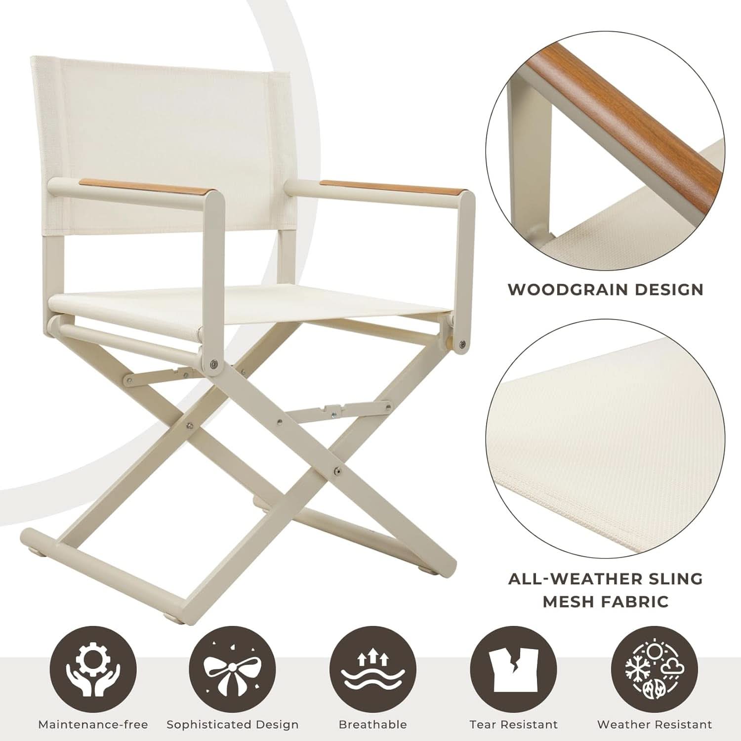 11 Piece Outdoor Dining Set - 10 Cream Colored Sling Mesh Chairs With Expandable Wood Grain Table For 6-10 Guests