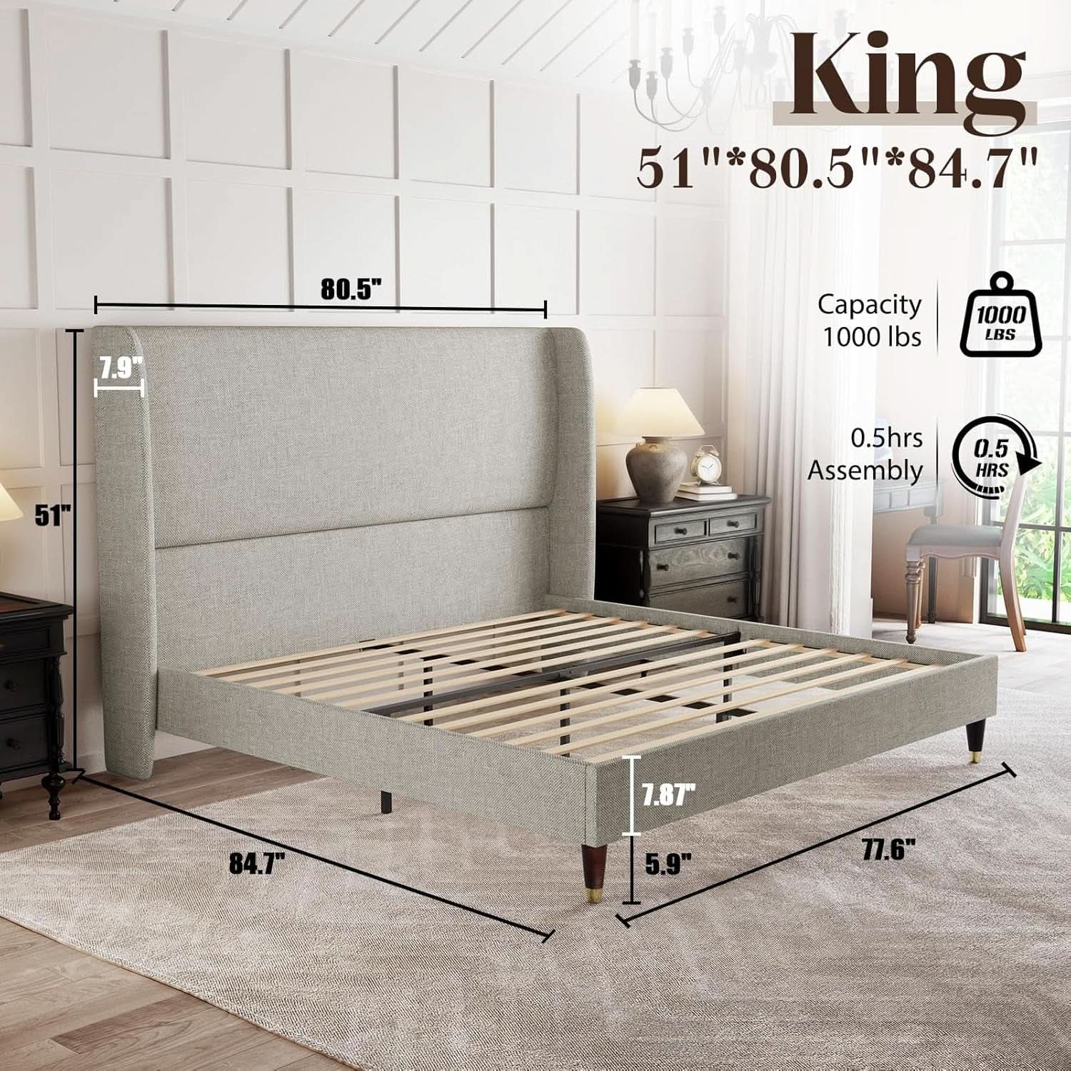 King Size Wingback Headboard Upholstered Bed Frame in Khaki
