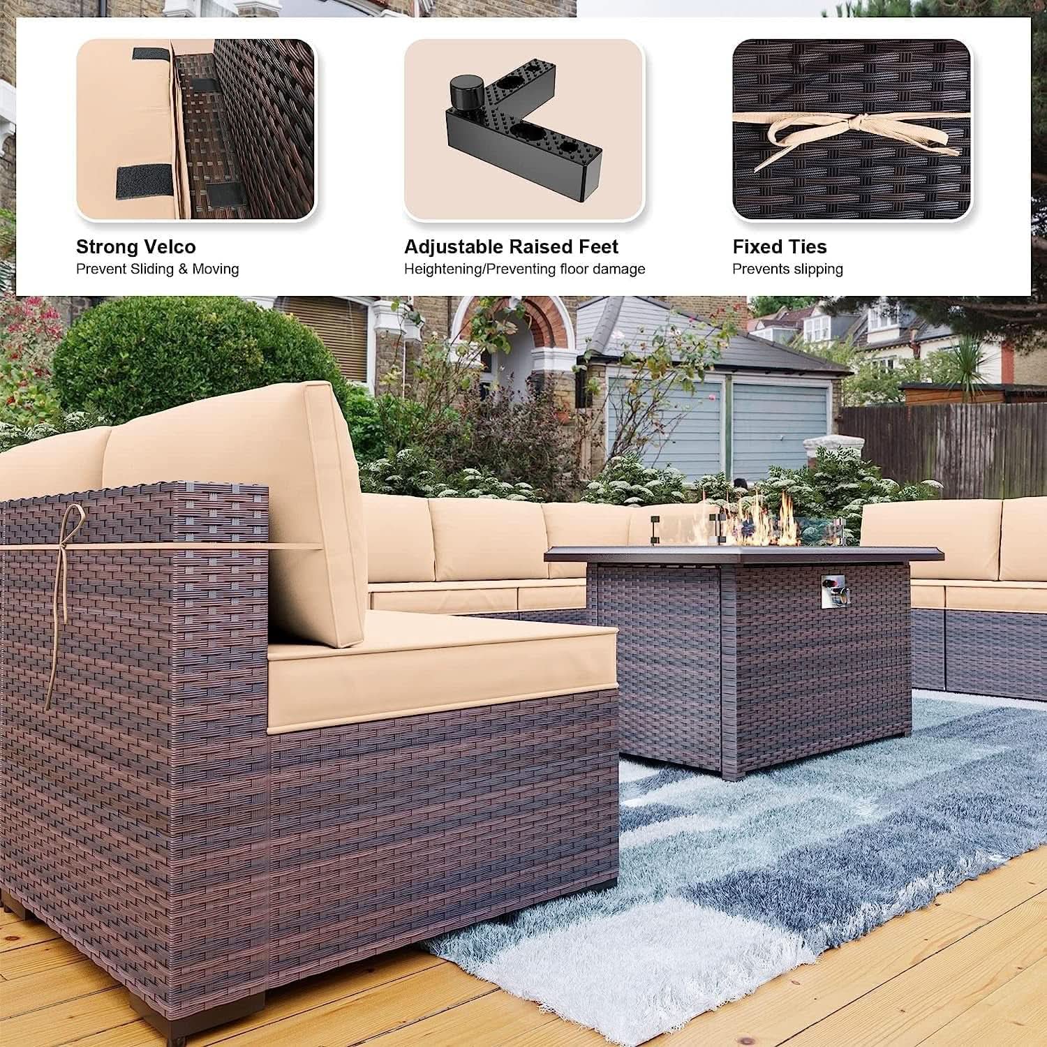 13 Piece Outdoor Patio Furniture Set with Fire Pit - Sand