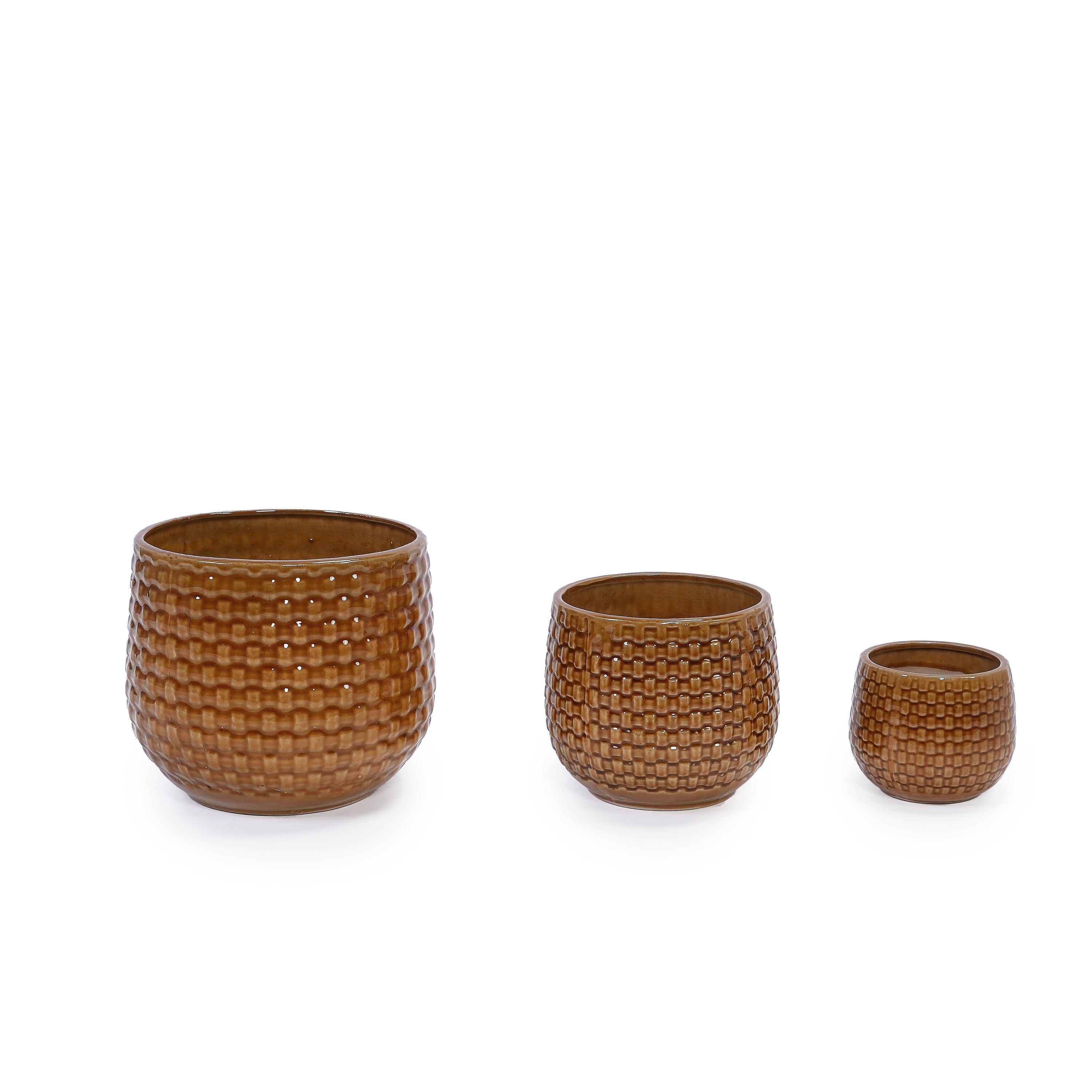 Set of 3 Weave Pattern Ceramic Pots - Brown