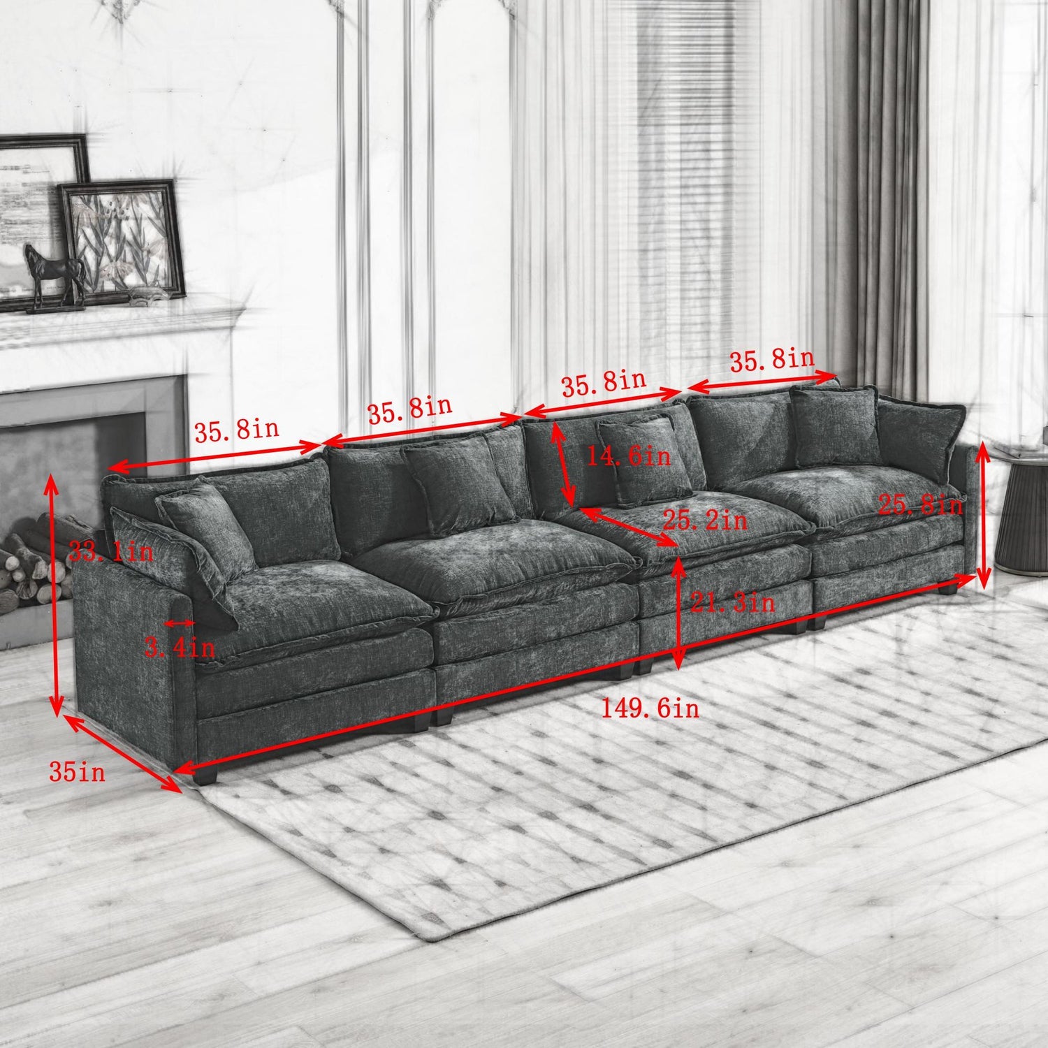 Cloud 4 Seat Sofa with Chenille Fabric in Beige