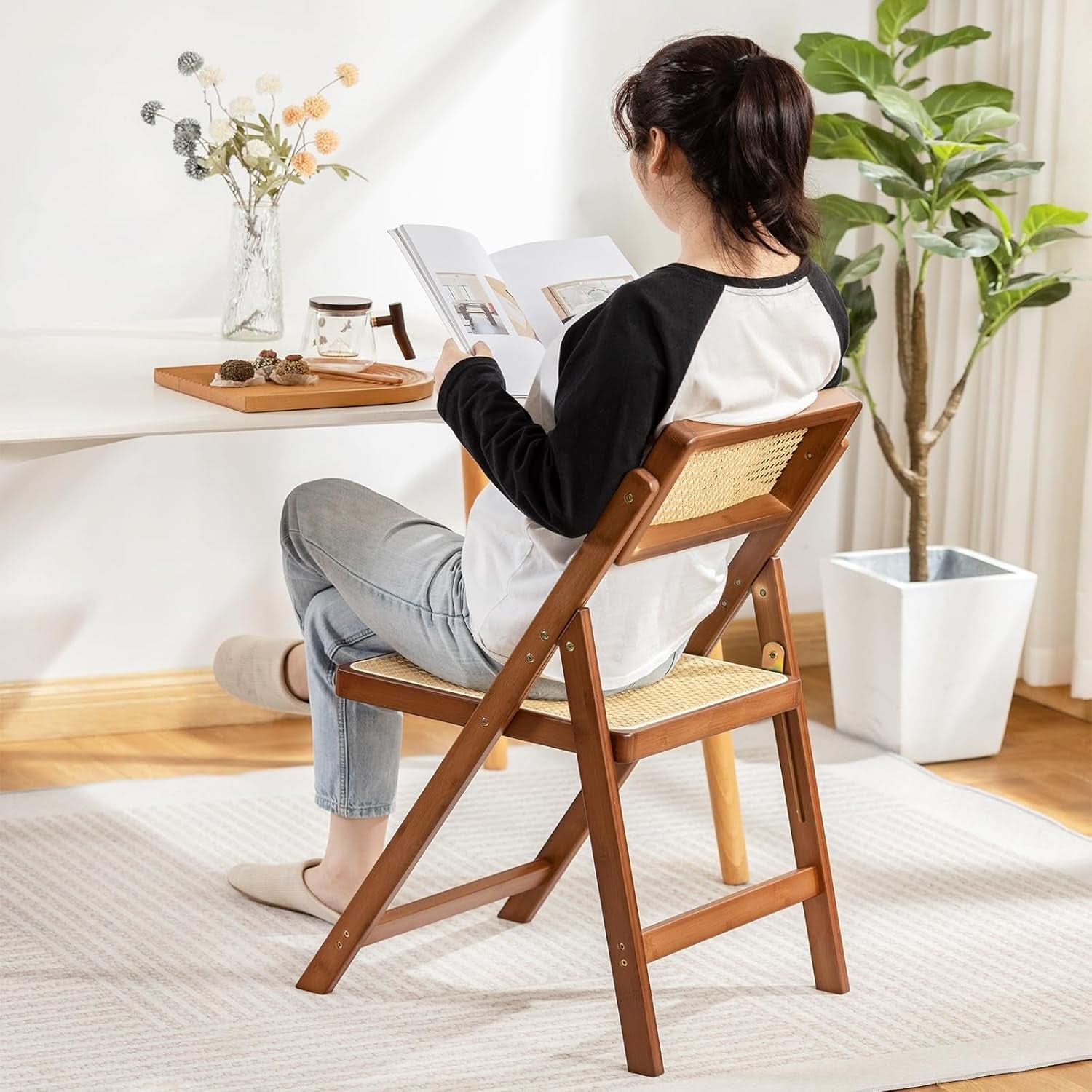 Set Of 2 Walnut Rattan  Indoor/Outdoor Folding Chairs