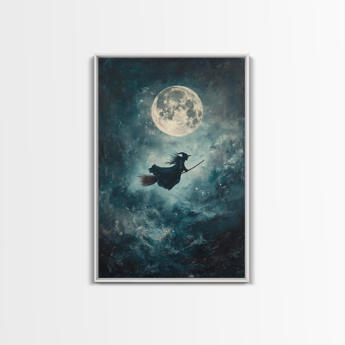 Witch Riding Under a Full Moon - Framed Canvas Print