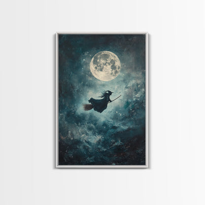 Witch Riding Under a Full Moon - Framed Canvas Print