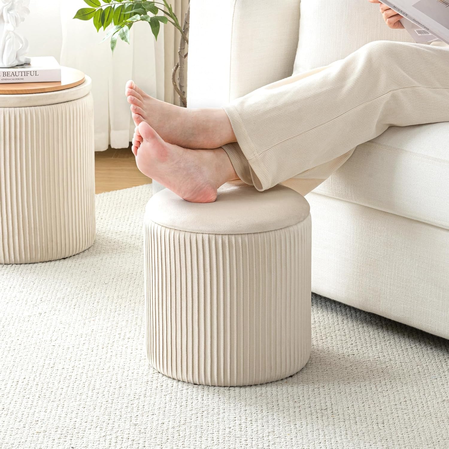 Beige Velvet Nesting Storage Ottomans - 2 Pc