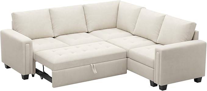Belffin Modular Sectional Sleeper Sofa with Pull Out Couch Bed in Beige Velvet