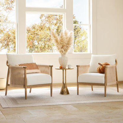 Cream Braided Accent Armchair With Wooden Armrests