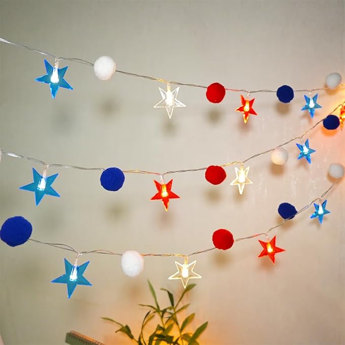 Red White and Blue Star/Pom Lights - Battery Operated
