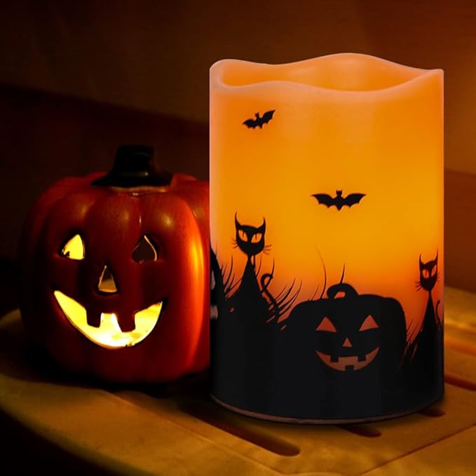 Flickering Flameless LED Candles with Timer - Set of 3, Halloween Scenes
