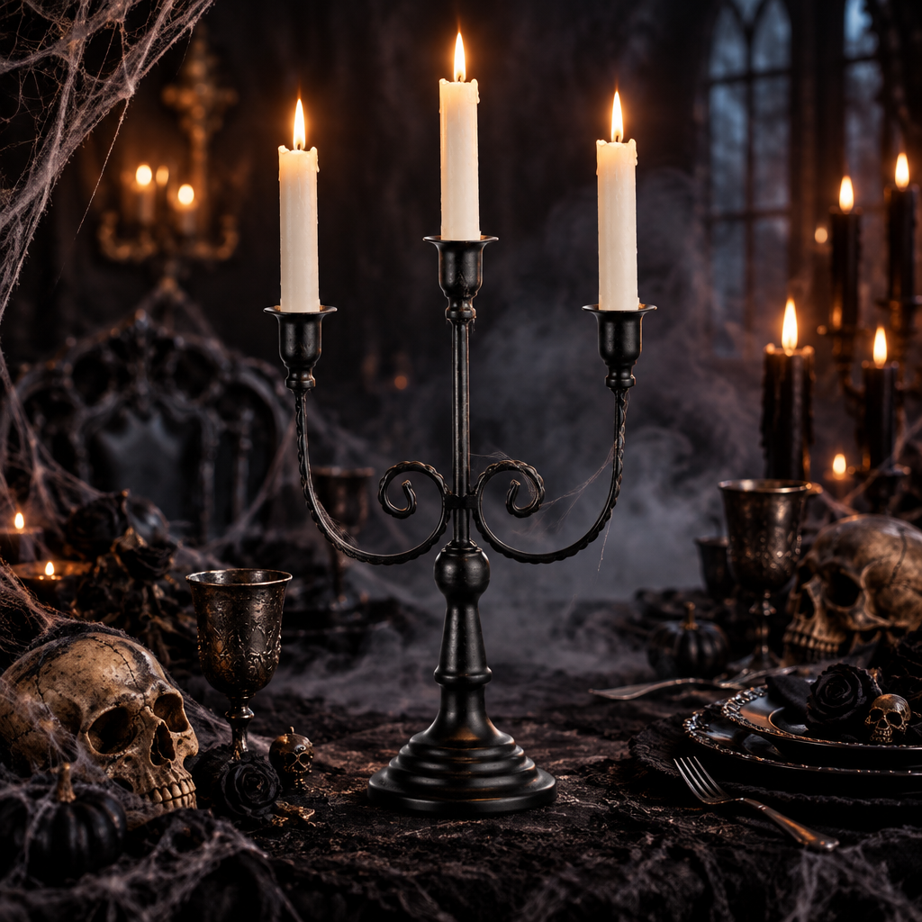 3-Arm Black Metal Halloween Candelabra