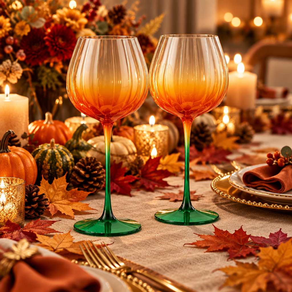 Pumpkin Lightweight Wine Glasses - Set of 2 Orange &amp; Green