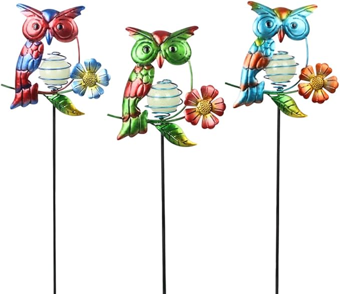 Set of 3 Decorative Garden Stakes - Glow in The Dark Owls