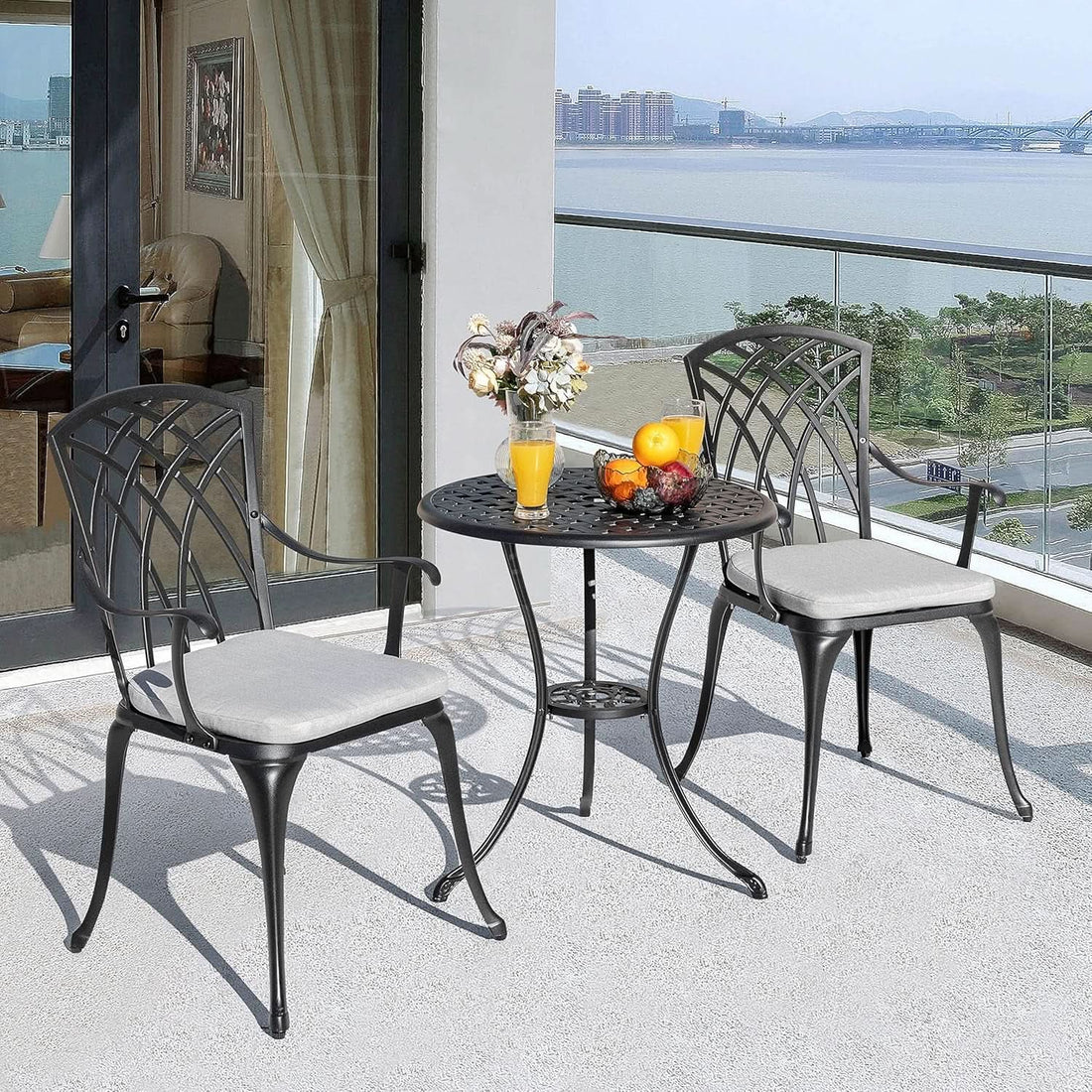 3 Piece Outdoor Cast Aluminum  Bistro Set - Black with Gray Cushions