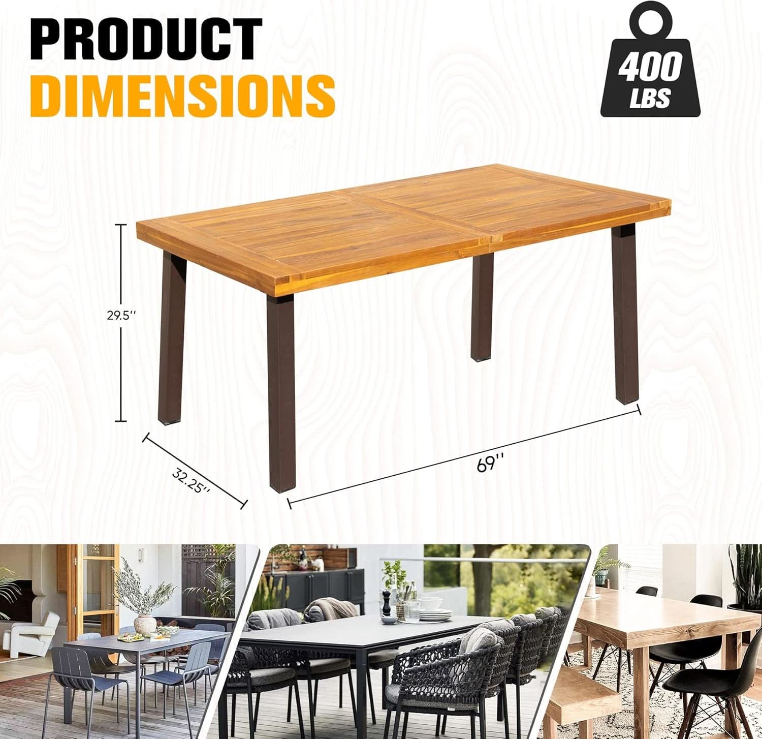 Indoor/Outdoor Dining Table- Acacia Wood With Iron Legs