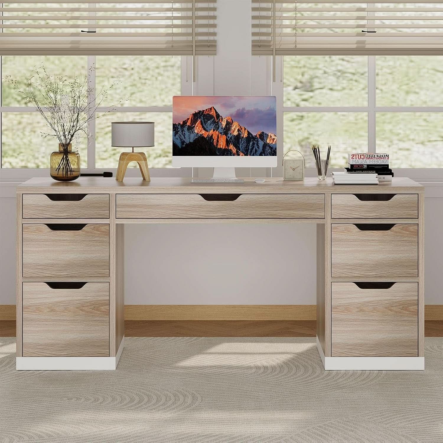 54 Inch Computer Desk With Storage Drawers - White Walnut