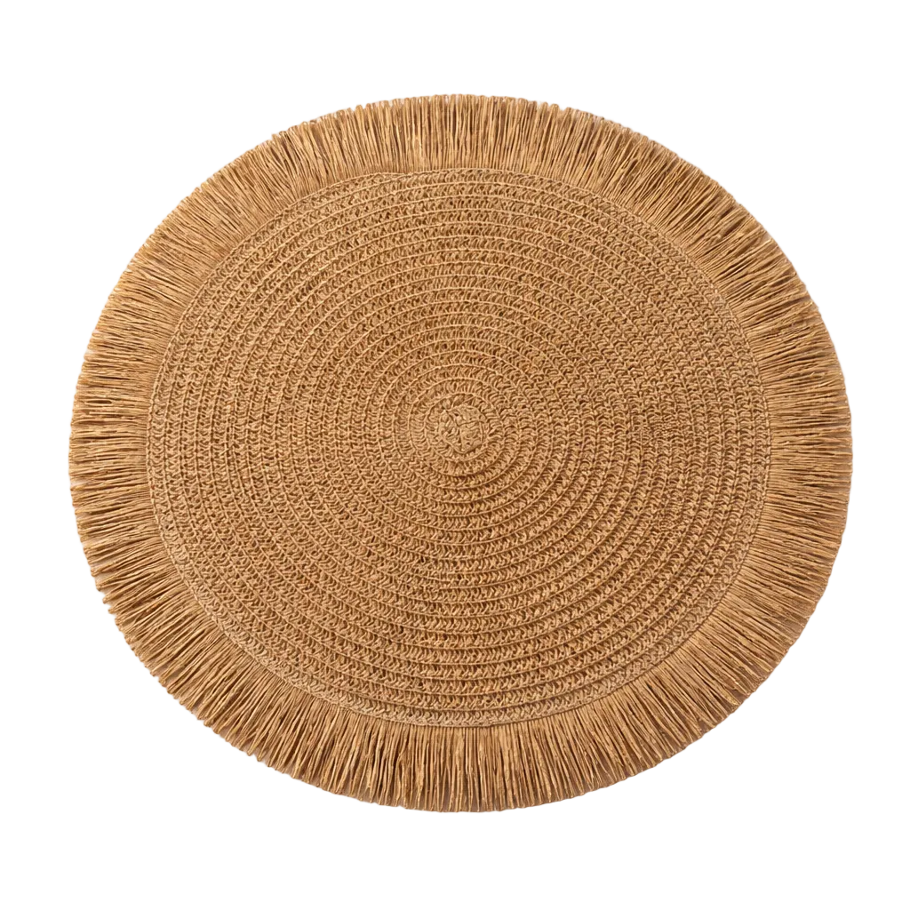 Straw &amp; Fringe Round Placemat | 15” Handwoven Natural Fiber Table Decor