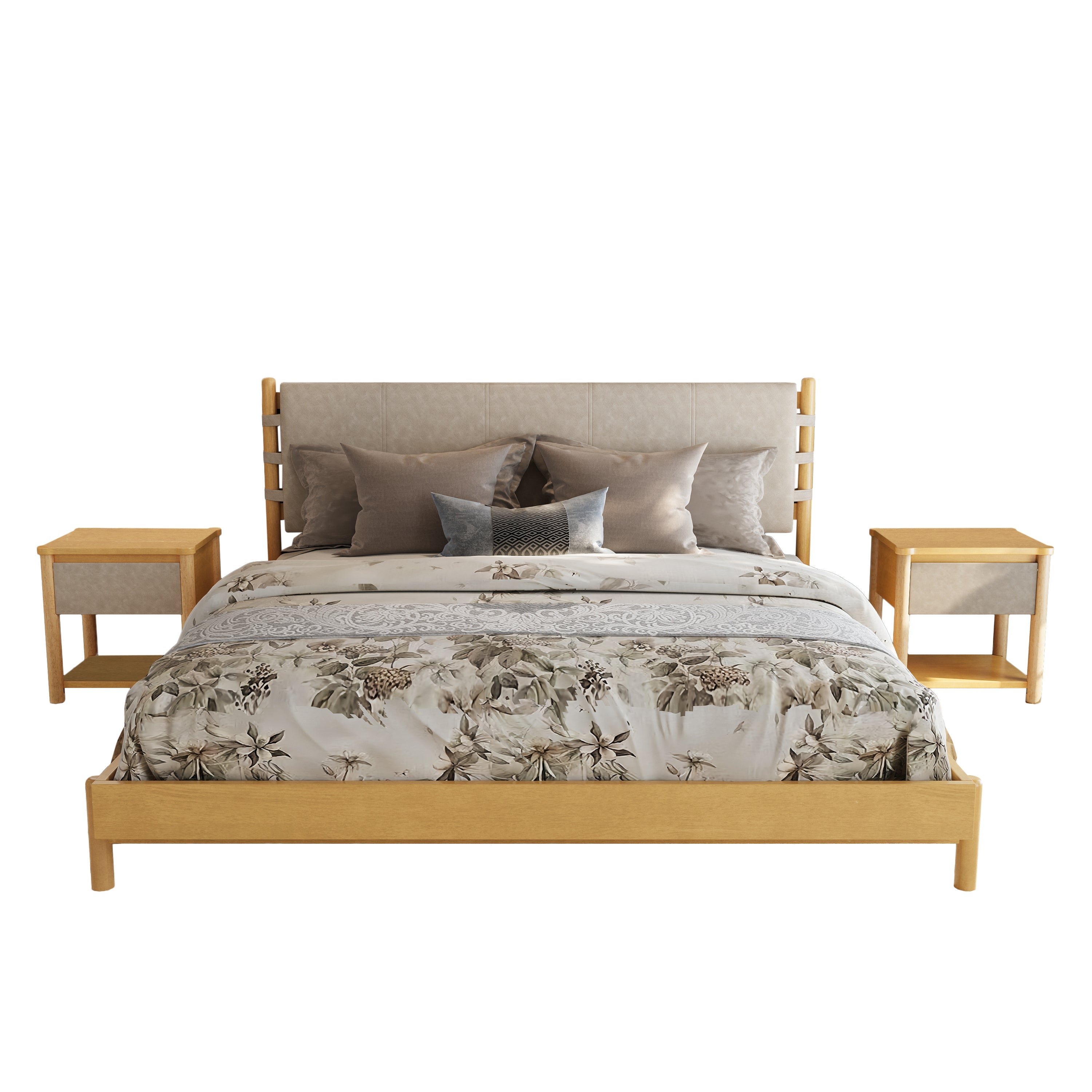Modern Queen Bed Frame Set with 2 Nightstands - Beige Wood
