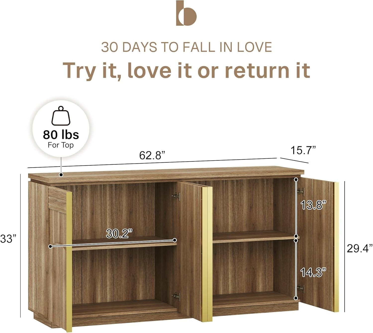 62 Inch Handcrafted Oak Sideboard Cabinet