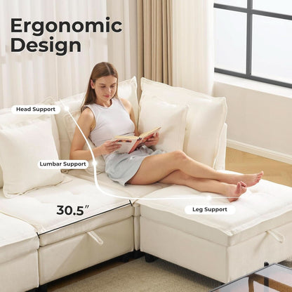 Oversized Modular Sectional Sofa w/Storage Ottoman - Cream