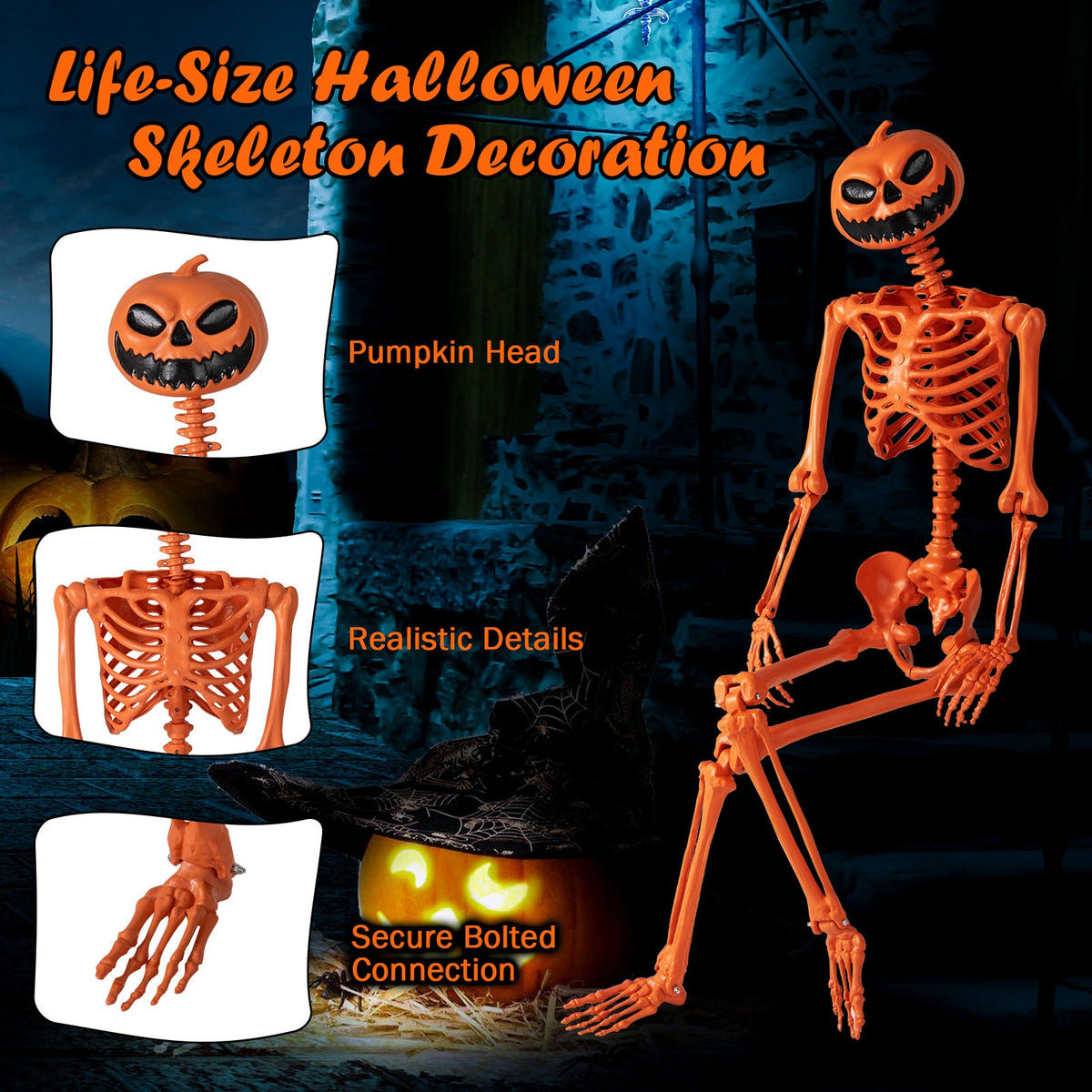 5.2 FT Life-Size Poseable Halloween Skeleton - Orange