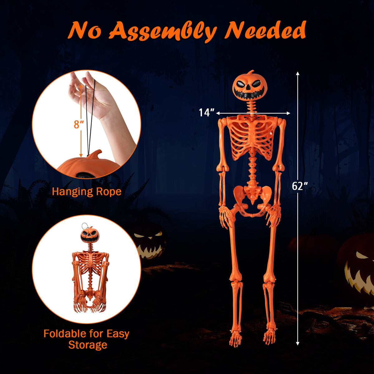 5.2 FT Life-Size Poseable Halloween Skeleton - Orange