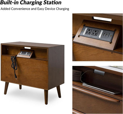 Mid Century Modern Nightstand with Charging Station in Walnut