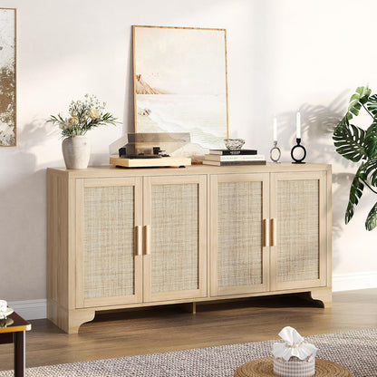 Natural Rattan Four Door Sideboard Cabinet Engineered Wood
