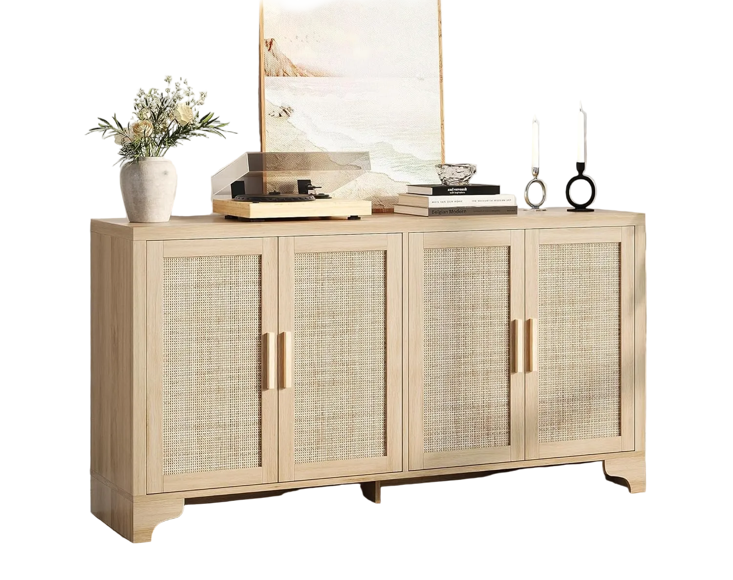 Natural Rattan Four Door Sideboard Cabinet Engineered Wood