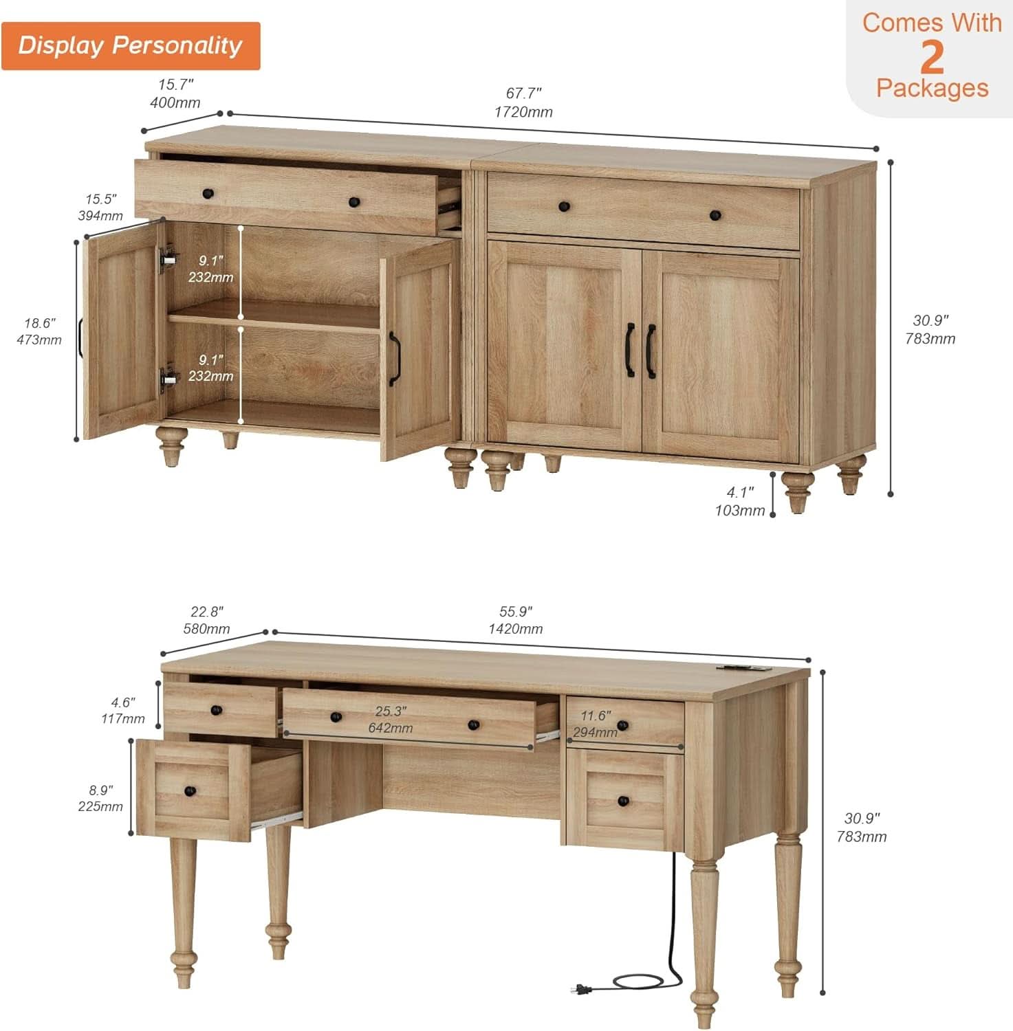 3 Piece Oak Home Office Suite with Executive Desk and 2 Multi-Functional Storage Cabinets