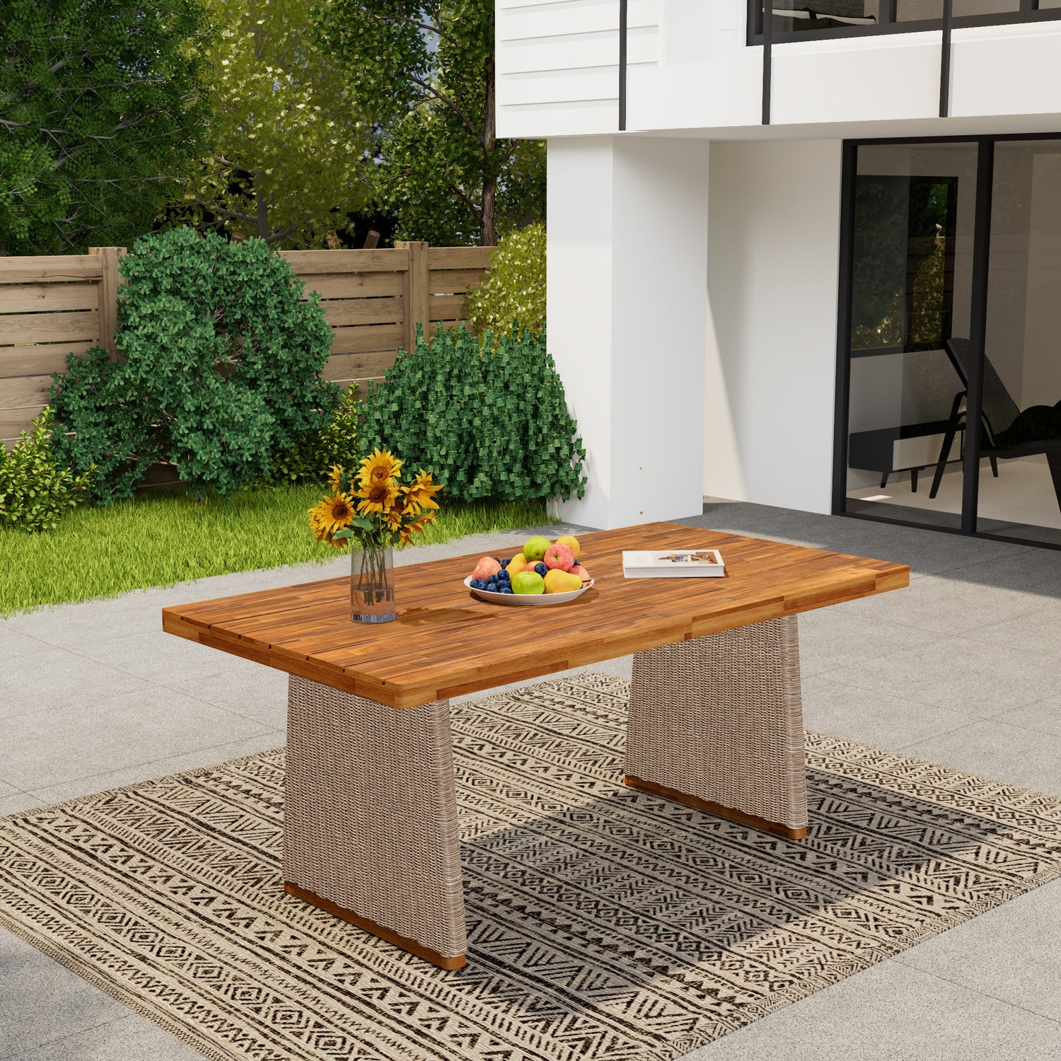 Outdoor Acacia Wood Dining Table - Teak + Light Brown Wicker
