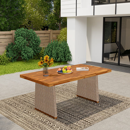 Outdoor Acacia Wood Dining Table - Teak + Light Brown Wicker