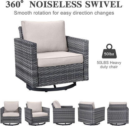 Oversize Outdoor Wicker Patio Sofa Set With 2 Swivel Chairs, 2 Ottomans, and Coffee Table in Grey/Beige