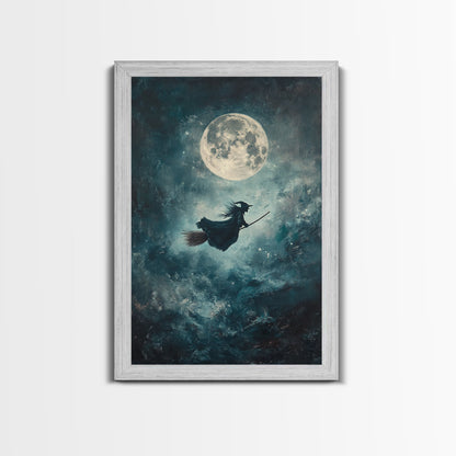 Witch Riding Under a Full Moon - Framed Canvas Print