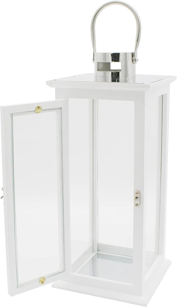 Set of 2 Wood Hurricane Candle Lanterns in White