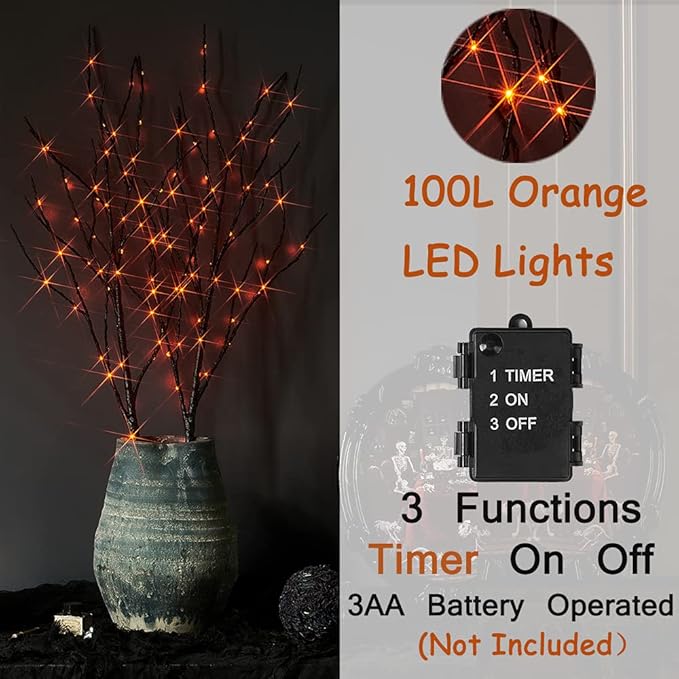 Orange LED Black Twig Branches with Fairy Lights for Halloween - Indoor/Outdoor