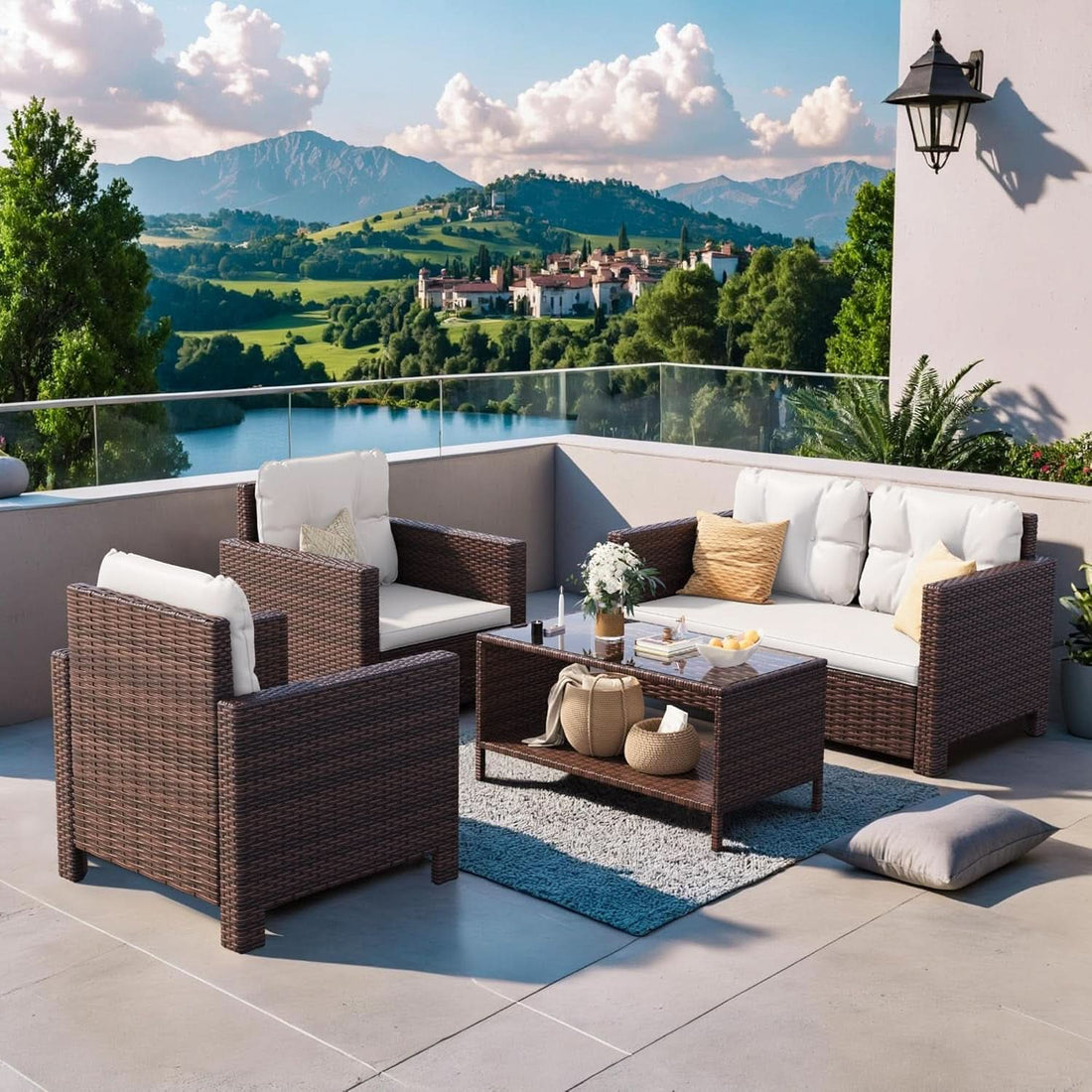 4 Piece Patio Rattan Furniture Set - Dark Brown/Beige