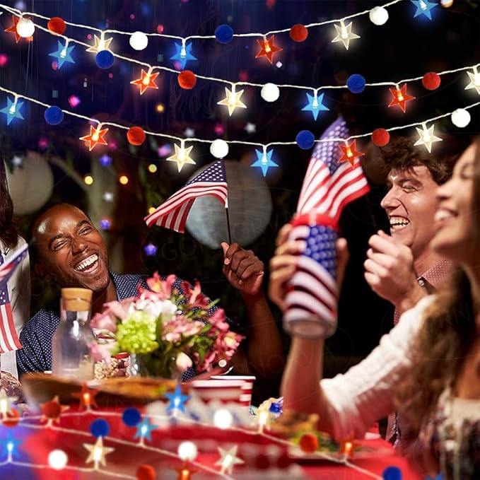Red White and Blue Star/Pom Lights - Battery Operated