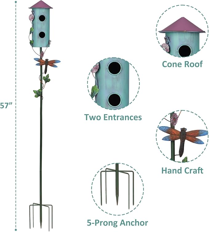 BAYN 57” Metal Wild Bird Feeder Double-Hole Birdhouse Stake