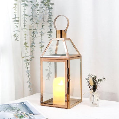 Rose Gold Stainless Steel Candle Lantern with Tempered Glass