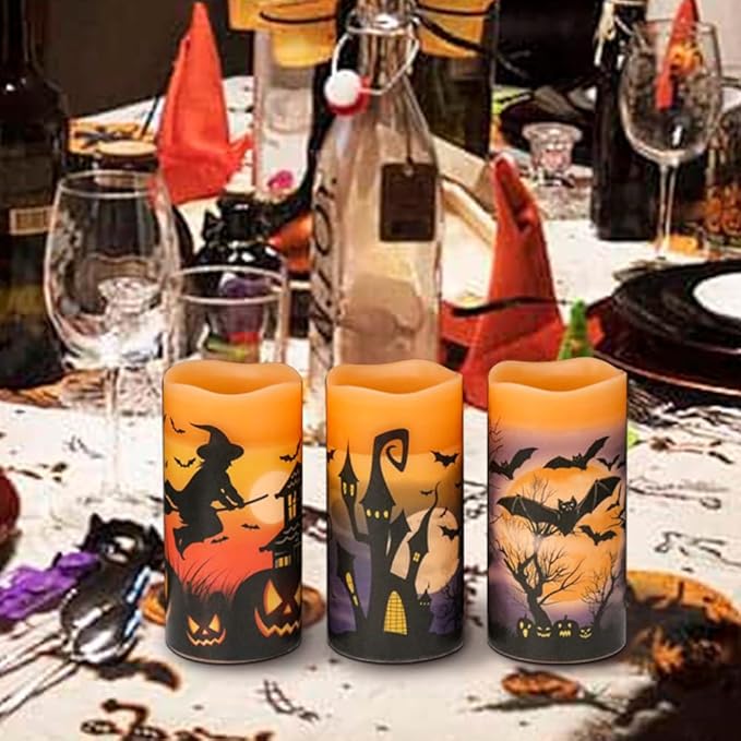 Set of 3 Flameless Flickering Halloween Candles - Battery Operated with Timer, Orange