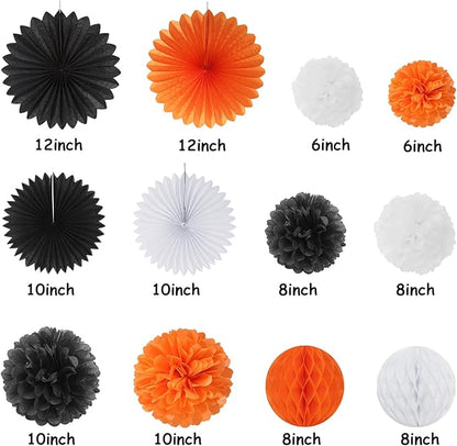 13 Piece Orange &amp; Black Halloween Party Decorations - Banner + Poms