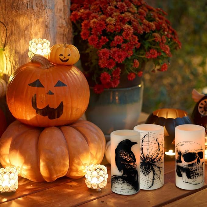 Set of 3 Halloween Flickering Flameless Candles - White