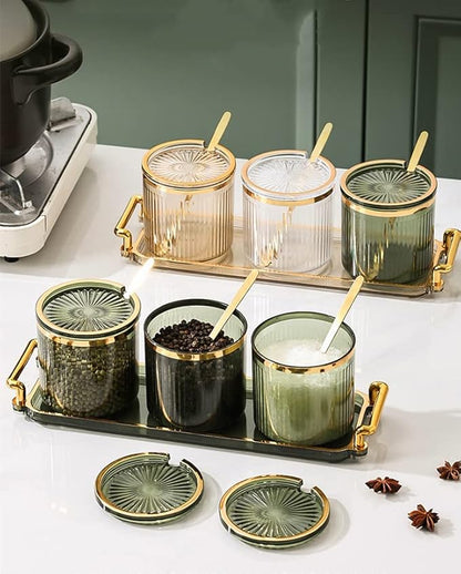 Acrylic Condiment Spice Jars with Lids, Spoons, Tray - Clear