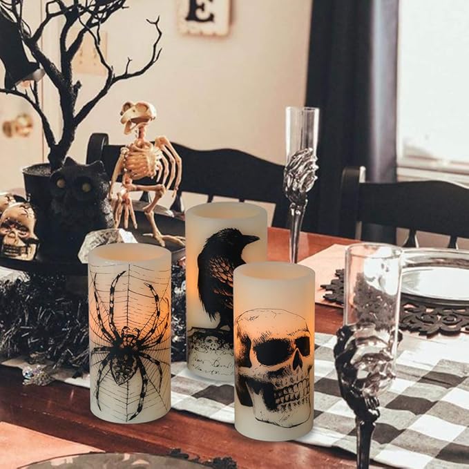 Set of 3 Halloween Flickering Flameless Candles - White