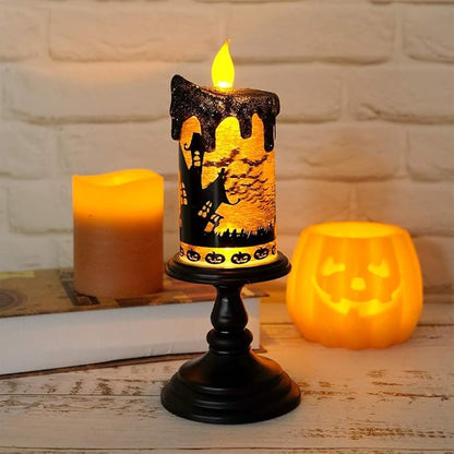 Battery Operated Spooky Spinning Flameless Candle - Black/Orange