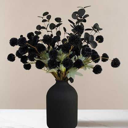 Set of 10 Black Faux Silk Mum Balls + Black Eucalyptus Stems